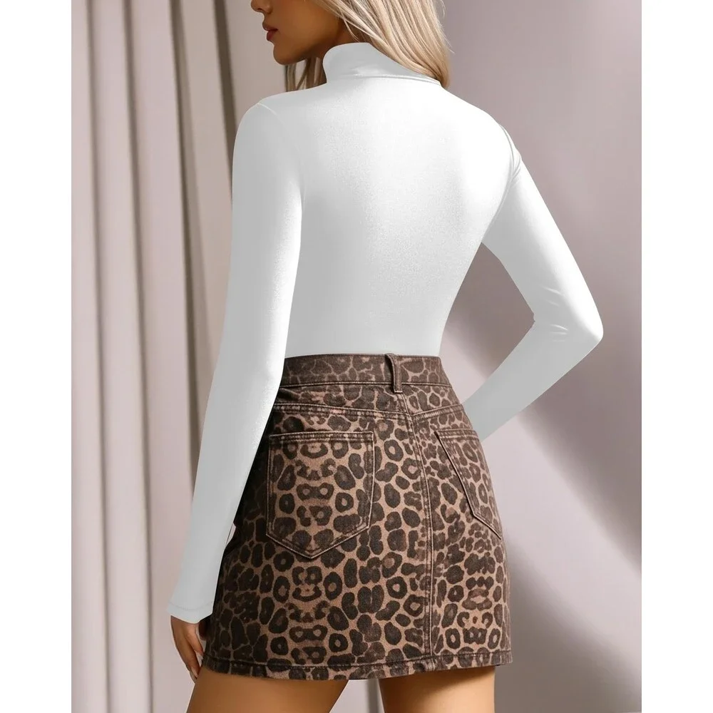 MANGOPOP Women's White Mock Turtle Neck Long Sleeve Tops Bodysuit Jumpsuit L